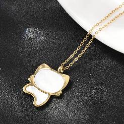 304 ステンレススチール パヴェ ナチュラル ホワイト シェル かわいい猫型ペンダントネックレス 女性用  ゴールドカラー  17.40インチ（44.2cm）&nbsp;NJEW-F339-01G
