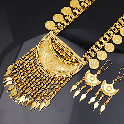 Moon & Flat Round Brass Tassel Pendant Necklaces & Dangle Earrings Sets&nbsp;FS-WG7FC34-01