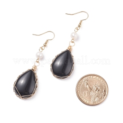 Natural Obsidian Teardrop Dangle Earrings with Natural Pearl&nbsp;EJEW-JE04850-02
