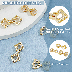 6Pcs 3 Styles Rack Plating Brass Micro Pave Clear Cubic Zirconia Fold Over Clasps&nbsp;KK-HS0001-02G