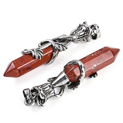 天然の赤いジャスパーのファセット加工された二重の尖った大きなペンダント  合金のバラで包まれた六角柱のチャーム  アンティークシルバー  51~53x14x10.5mm  穴：4.5mm&nbsp;G-P547-03AS-17A