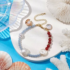 4mm ラウンド天然エンジェライトと 6mm ラウンドカーネリアンのビーズブレスレット  夏のビーチシェル型 ABS プラスチック模造真珠チャームブレスレット女性用  ゴールドカラー  7-5/8インチ（19.4cm）&nbsp;BJEW-JB10541