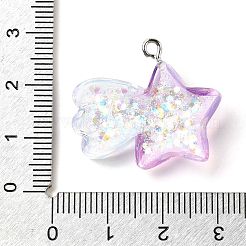 透明樹脂ペンダント  プラチナの鉄製金具とスパンコール付き  流れ星  23.5x28x7mm  穴：1.8mm&nbsp;RESI-H036-01B