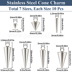 70個 7スタイル 303ステンレススチールペンダント  コーンチャーム  ステンレス鋼色  5.8~18x2~7mm  穴：1.2~2mm  10個/スタイル&nbsp;STAS-BBC0005-76