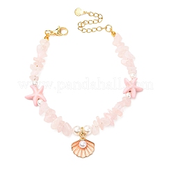 Natural Rose Quartz Chips & Starfish Synthetic Turquoise & Shell Pearl Beads Bracelets&nbsp;BJEW-JB12413-02