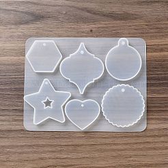 シリコンモールドペンダント  エポキシ樹脂工芸品作り  不規則な形の丸い骨  ハート、星、フラットラウンド、六角形  ホワイト  165x126mm  穴：3~4mm  内径：36~67x45~61mm&nbsp;SIMO-S002-04D