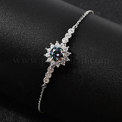 925スターリングシルバーコネクターブレスレット  女性用アズキチェーンブレスレット  花  モアッサナイトラインストーン付き  プラチナメッキ  6-7/8インチ（17.5cm）&nbsp;BJEW-D346-04B-P