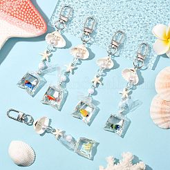 ABSプラスチック模造真珠、アクリル、合成ターコイズ、シェルペンダント装飾  合金回転式ナスカン付き  魚袋と貝殻の形  ブルー  122mm&nbsp;KEYC-FS00038-02