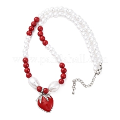 Strawberry Brass Micro Pave Clear Cubic Zirconia Red Enamel Pendant Necklaces for Women&nbsp;NJEW-G162-04P