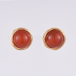 ナチュラルレッドアゲート/カーネリアン丸玉スタッドピアス  アクリルパールのピアスキャッチ付き  金メッキ 304 ステンレススチール スタッド イヤリング金具とイヤーナット  10~10.5mm  ピン：0.6mm&nbsp;EJEW-JE03980-02