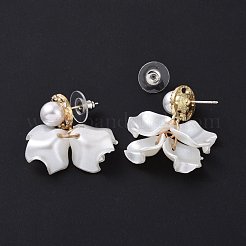 アクリルイミテーションシェルダングルスタッドピアス、スターリングシルバーピン925本付き  女性用合金クラスター ドロップ イヤリング  ホワイト  32mm  ピン：0.8mm&nbsp;EJEW-L281-07LG