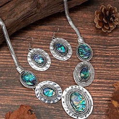 Oval Alloy & Paua Shell Pendant Necklace & Dangle Earring Sets&nbsp;FS-WG1A0FD-01