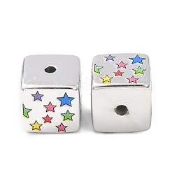 プリントメッキアクリルビーズ  キューブ  銀メッキ  カラフル  スター  14x14x14mm  穴：2.5mm&nbsp;AC-CBA655C-17G