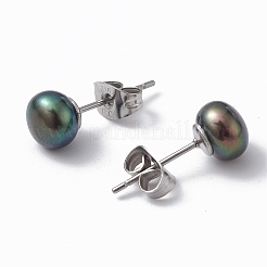ナチュラルパールイヤースタッズ  女性用 304 ステンレス ピン イヤリング  ラウンド  ダークスレートブルー  16.5~17x7mm  ピン：0.7mm&nbsp;EJEW-P223-01C-P01