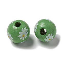 プリントウッドヨーロピアンビーズ  デイジー模様の丸い  ダークシーグリーン  15.5~16mm  穴：4~4.5mm&nbsp;WOOD-G022-19J