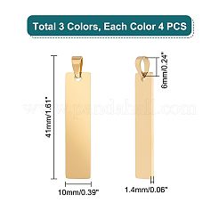 12個 3色 304ステンレススチールペンダント イオンプレーティング(IP)  空白タグのスタンプ  長方形  ミックスカラー  41x10x1.4mm  穴：6mm  4個/カラー&nbsp;STAS-UN0044-19