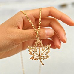 Alloy Hollow Out Maple Leaf Pendant Cable Chain Necklaces for Women&nbsp;WG239E5-01