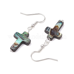 天然アワビ貝/パウア貝のダングルイヤリング  鉄のピアスフックで見つける  銀  クロス  41x13mm&nbsp;EJEW-JE05916-03