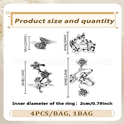 1 Bag Boho Silver Vine Leaf Flower Ring Set - 4 Piece Nature Inspired Jewelry Collection&nbsp;RJEW-LP0004-33