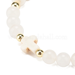 Synthetic Turquoise(Dyed) & Hematite & Natural White Jade Beaded Stretch Bracelet with Cross&nbsp;BJEW-JB08287
