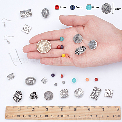DIYイヤリング作成キット  チベットスタイルの合金ビーズと真鍮のピアスフックが含まれています  鉄平頭ピン  ジェムストーン＆ガラスビーズ  アンティークシルバー＆プラチナ&nbsp;DIY-SC0012-18