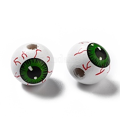 ハロウィーン スプレー塗装ウッド ビーズ  丸くて緑色の目の模様  ホワイト  15.5~16x14.5~15mm  穴：4mm&nbsp;WOOD-C002-02