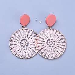 鉄ポリエステル織ダングルスタッドピアス  フラットラウンドい染色梨の木のビーズと304ステンレススチールの金具付き  プラスチック製ピアスキャッチ  ミックスカラー  78mm  ピン：0.7mm&nbsp;EJEW-JE03225