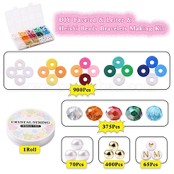 DIYファセット＆レター＆ヘイシビーズブレスレット作成キット  電気メッキガラスビーズを含む  ABSプラスチックパール調ビーズ  メッキアクリルビーズ  ポリマークレイビーズ  伸縮性のある糸  ミックスカラー  ビーズ：1810個/セット&nbsp;DIY-YW0005-22