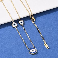 304 Stainless Steel Blue & White Enamel Evil Eye Link Chain Long Necklaces&nbsp;NJEW-V001-02G