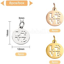 18個3色304ステンレスペンダント  ワード「love」を刻まれたフラットラウンド  ミックスカラー  14x12x1mm  穴：3mm  6個/カラー&nbsp;STAS-BC0002-88