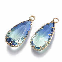 ツートングラスペンダント  真鍮パーツ  多面カット  ティアドロップ  ゴールドカラー  カラフル  24x10.5x6mm  穴：1.5mm&nbsp;GLAA-S179-02A