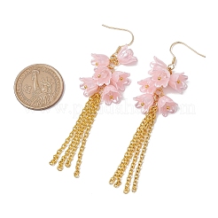アクリルダングルピアス  ガラスビーズと鉄のアズキチェーン付き  花  ピンク  90x25mm&nbsp;EJEW-JE06228-02