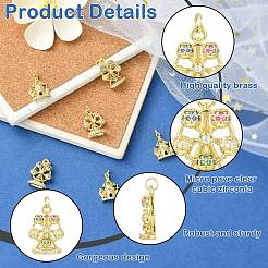 6Pcs 2 Styles Ferris Wheel & Castle Brass Micro Pave Cubic Zirconia Pendants&nbsp;KK-CJ0005-74