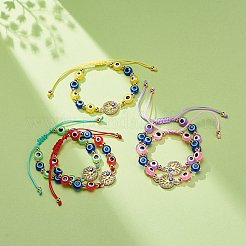 ナザールボンジュウ樹脂ビーズ & フラット ラウンド ツリー オブ ライフ 合金 ラインストーン 編組ビーズ ブレスレット 女の子 女性用  調節可能なナイロン糸コードブレスレット  ゴールドカラー  ミックスカラー  内径：1-7/8~2-7/8インチ（4.8~7.2cm）&nbsp;BJEW-JB08740-04