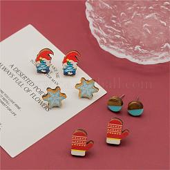 4 Pairs Snowflake & Glove & Christmas Gnome Printed Wood Stud Earrings&nbsp;EJEW-OY001-04