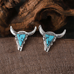 Western Cowboy Style Synthetic Turquoise Cattle Head Pendant Necklaces & Stud Earrings Sets for Women&nbsp;FS-WG063A3-03