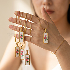 花柄プリントの304ステンレススチール製幾何学模様ペンダントネックレス（女性用）  ゴールドカラー  ホワイト  長方形  17.72インチ（45cm）  ペンダント：28x11mm&nbsp;WG37CA3-04