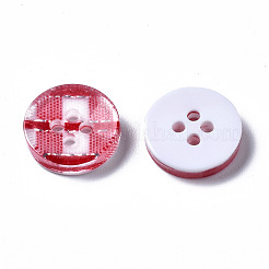 樹脂ボタン  4穴  タータン模様のフラットラウンド  ファイヤーブリック  13x2.5mm  穴：1.6mm&nbsp;X-BUTT-N017-01E