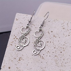 304ステンレススチールダングルイヤリング  心のある音符  ステンレス鋼色  51x12mm&nbsp;WG172C5-02