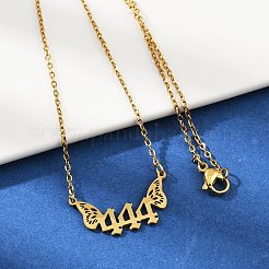 201ステンレススチールの数字444と蝶の羽のペンダントネックレス  ゴールドカラー  18.82インチ（47.8cm）&nbsp;LS-NJEW-P332-01B-G