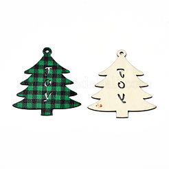 クリスマステーマの片面プリントウッドビッグペンダント  タータン チェック柄のクリスマス ツリー  グリーン  79x73x2mm  穴：3.5mm&nbsp;WOOD-N005-59A