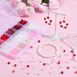 バレンタインデーDIYビーズキット750個、15つのスタイル  アクリルビーズ入り  ガラスビーズ  ピンク  6~6.5x5~6mm  穴：1~1.8mm  50個/スタイル&nbsp;DIY-SP0006-64A