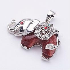 天然石&合成ミックスストーンペンダント  ラインストーンと真鍮パーツ  象  プラチナ  25.5x36.5x10mm  穴：5x8mm&nbsp;G-P268-M