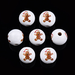 塗装天然木ビーズ  クリスマスのスタイル  ジンジャーブレッドマン模様で丸い  サドルブラウン  16x15mm  穴：4mm&nbsp;WOOD-N006-187