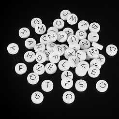 52個 26スタイル フラットラウンド ブラック文字 a~z シリコンビーズ付き  ホワイト  11.5x4.5mm  穴：2mm  2個/スタイル&nbsp;SIL-TA0002-98