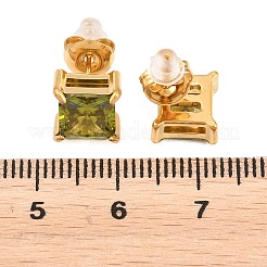 304ステンレススチールマイクロパヴェキュービックジルコニアスタッドピアス  正方形  ゴールドカラー  グリーン  9.5x9.5mm&nbsp;EJEW-Z165-01G-03