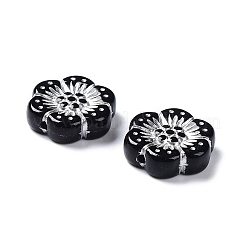 黒の不透明なアクリルビーズ  ライン入り  花  銀  12x13x3.5~4mm  穴：1.2mm  約460個/200g&nbsp;LS-OACR-G016-32B