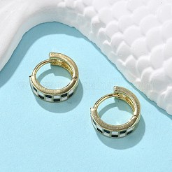 タータン柄エナメル分厚いヒンジ付きハギーフープピアス女性用  18KGP本金メッキ真鍮ジュエリー  カドミウムフリー＆ニッケルフリー＆鉛フリー  ブラック  13x4mm  ピン：1mm&nbsp;EJEW-P196-22G-01