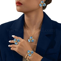 花の合金エナメルペンダントネックレス＆バングル＆リング＆スタッドピアスセット  ゴールドカラー  スチールブルー  425mm&nbsp;FS-WG20A9D-01