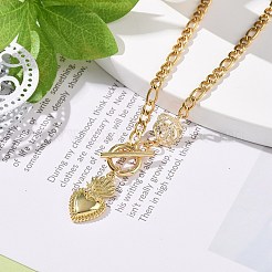 Heart & Rose Brass Pendant Necklace 304 Stainless Steel Chains for Women&nbsp;NJEW-JN04088